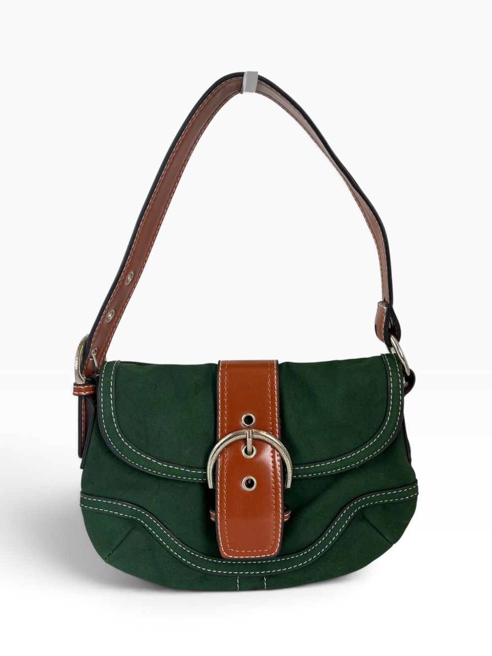 Vintage Green Suede Brown Leather Shoulder Bag Y2K Buckle Hobo Purse
